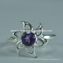 Purple Amethyst Gemstone &amp; Sterling Silver Floral Design Anel Casamento e noivado Jóias